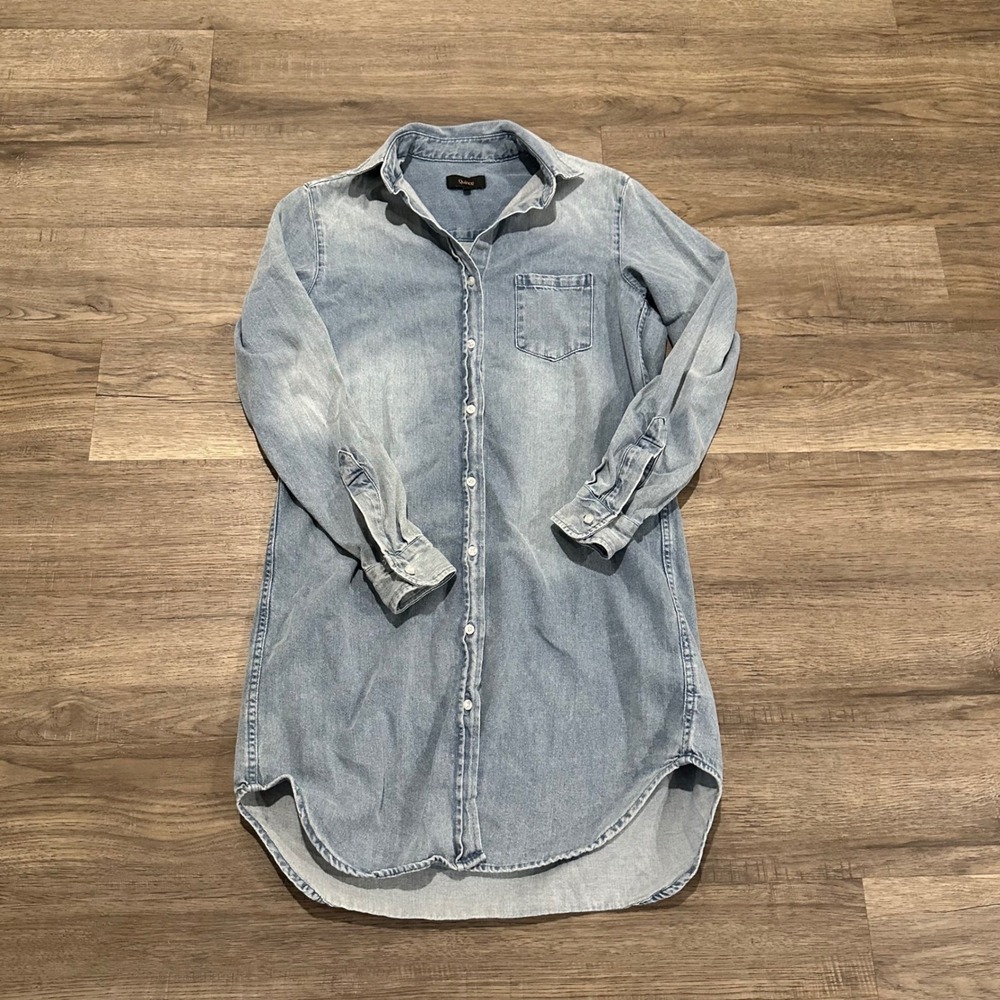 Quince Distressed Denim Shirt Dress Blue Long Sleeve 100% Cotton XS LB48242
